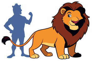 Cartoon Lion with Muscular Human Silhouette Showing Strength and Power