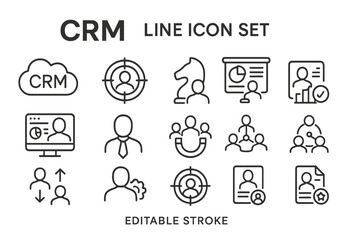 Comprehensive line icon set for customer relationship management tools featuring diverse business concepts and activities