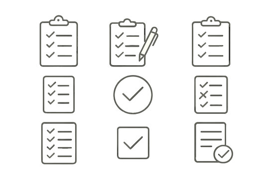 Vector icon set featuring checklists and writing tools for task management and organization