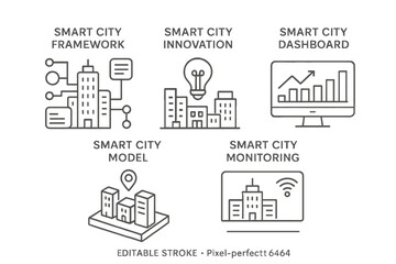 Vector icon set representing smart city concepts including framework, innovation, dashboard, model, and monitoring