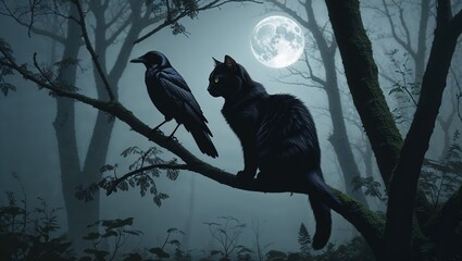 Black cat and a raven perched on a branch with eerie mood under a full moon in a misty forest