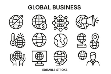 Vector icon set depicting global business themes with various related symbols and designs in simple, clean lines