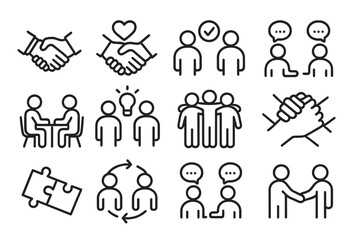 Creative vector icon set depicting collaboration, communication, and teamwork concepts for various applications