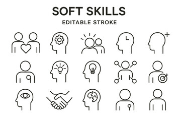 Vector icon set showcasing various soft skills in a minimalistic design suitable for educational and professional use in various settings