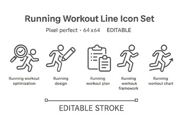 Vector icon set for running workout activities including optimization, planning, and performance tracking