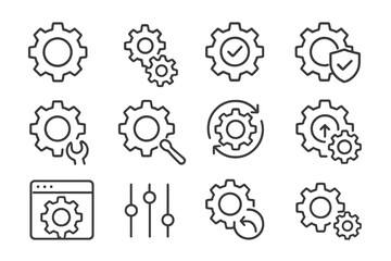 Vector icon set showcasing various gear symbols used for settings, configurations, and adjustments in user interfaces