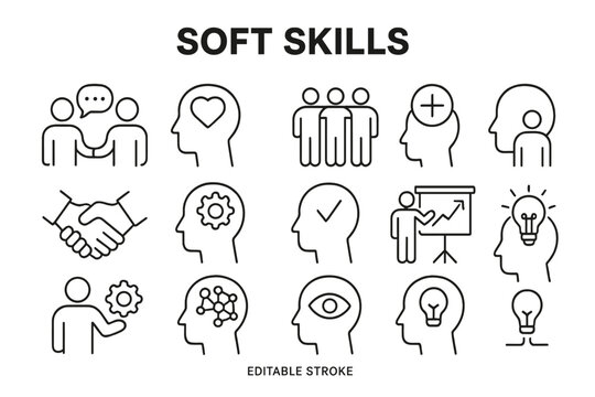 Soft skills vector icon set showcasing effective communication, teamwork, problem solving, and creativity in various settings