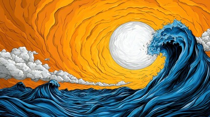 Pixel Art Ocean Wave at Sunset Vibrant Blue and Orange Hues