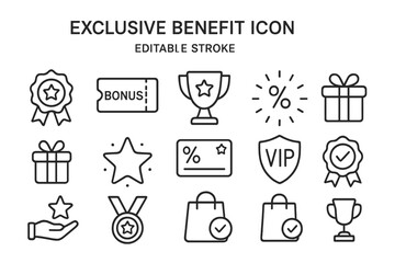 Vector icon set featuring exclusive benefits symbols for rewards, bonuses, and VIP services in a minimalistic style