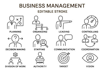 Vector icon set depicting various aspects of business management including planning, organizing, leading, and controlling processes effectively