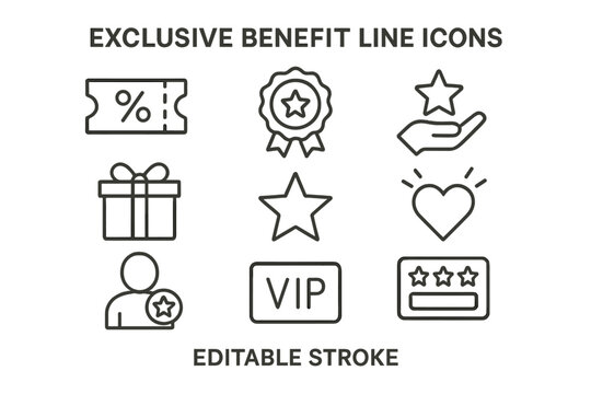 Vector icon set featuring exclusive benefit line icons for loyalty programs and rewards