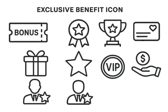 Exclusive benefit vector icon set featuring bonus, trophy, VIP, and star designs for recognition and rewards