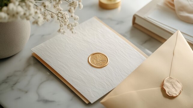 Premium direct mail materials featuring gold embossed invitation alongside personalized brochure and wax sealed envelope on luxurious marble countertop. Marketers showcase upscale communication design