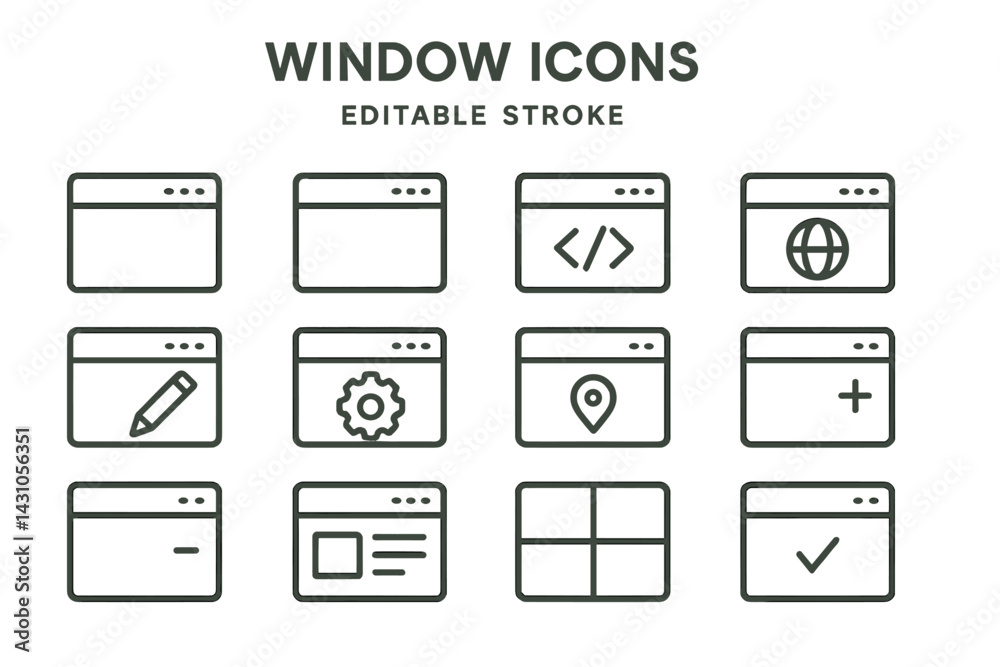 Poster vector icon set showcasing various window icons suitable for web and application design