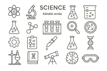 Vector icon set featuring various science symbols including laboratory equipment and molecular structures