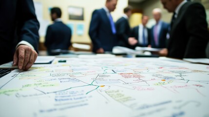 Business strategy map with handwritten notes and decision tree diagram being reviewed by focused executives in suits inside a modern boardroom, capturing key moments of strategic planning and analysis