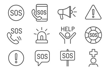 Vector icon set showcasing emergency response symbols for urgent situations and assistance requests