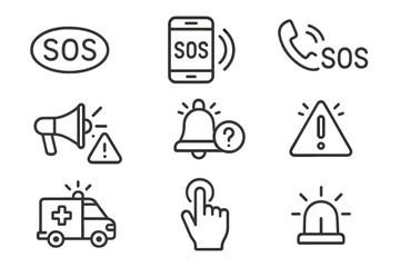 Vector icon set depicting emergency alert symbols including SOS, alarms, and communication devices in a modern design