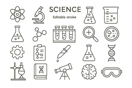 Vector icon set featuring various science symbols including laboratory equipment and molecular structures