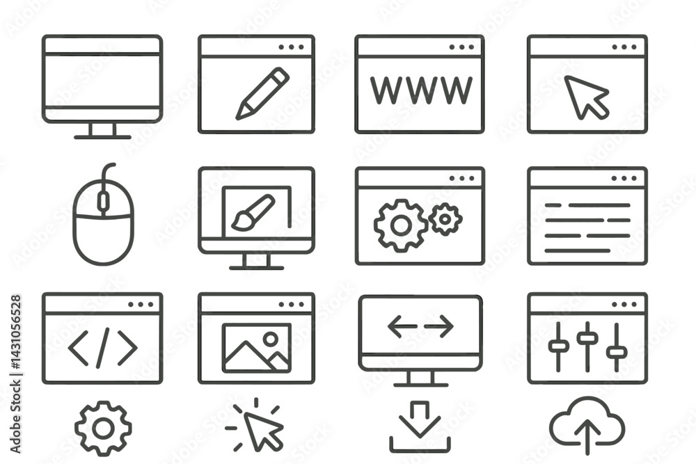 Poster vector icon set featuring computer-related symbols such as screens, cursors, tools, and web elements