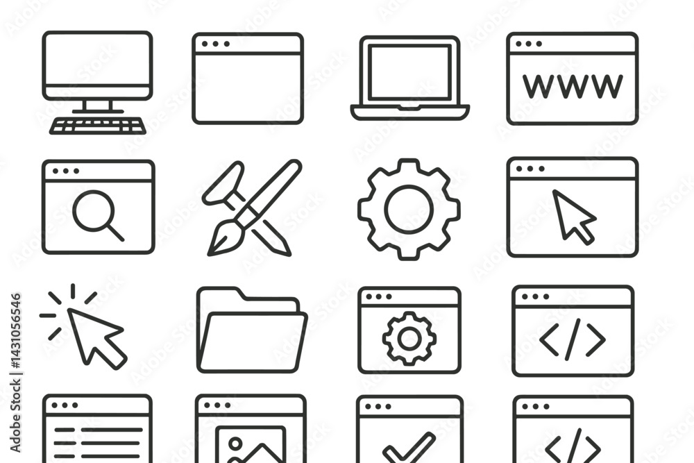 Poster icon set featuring vector designs of computers, web browser windows, and various digital tools for w
