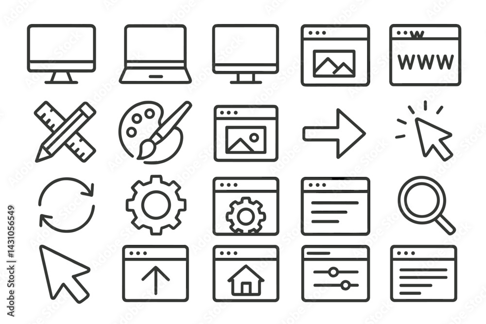 Poster vector icon set featuring computer-related tools and design elements for digital projects