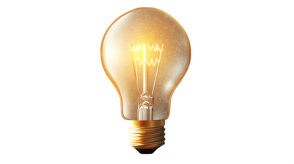 Bright glowing light bulb with a filament visible inside, symbolizing ideas and innovation. Isolated on a transparent background.