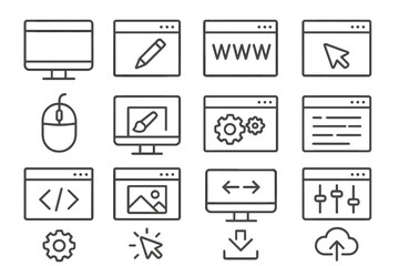 Vector icon set featuring computer-related symbols such as screens, cursors, tools, and web elements for digital design and development