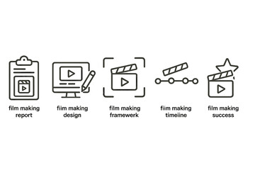 Vector icon set illustrating various aspects of film making including reports, design, frameworks, timelines, and success symbols