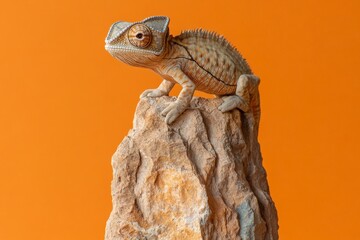 A young chameleon perched atop a textured rock against an orange backdrop.