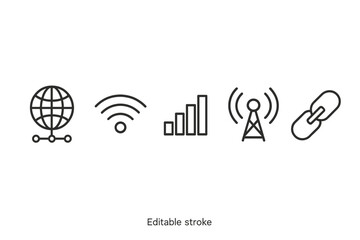 Vector icon set depicting global connectivity, internet access, data signals, and network links for digital communication