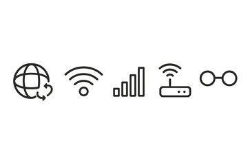 Vector icon set showcasing internet connectivity symbols including globe, wifi signal, signal strength bars, router, and glasses for a tech theme