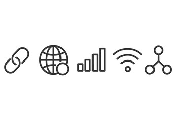Vector icon set showcasing symbols of connectivity, global access, data metrics, wireless communication, and network structure