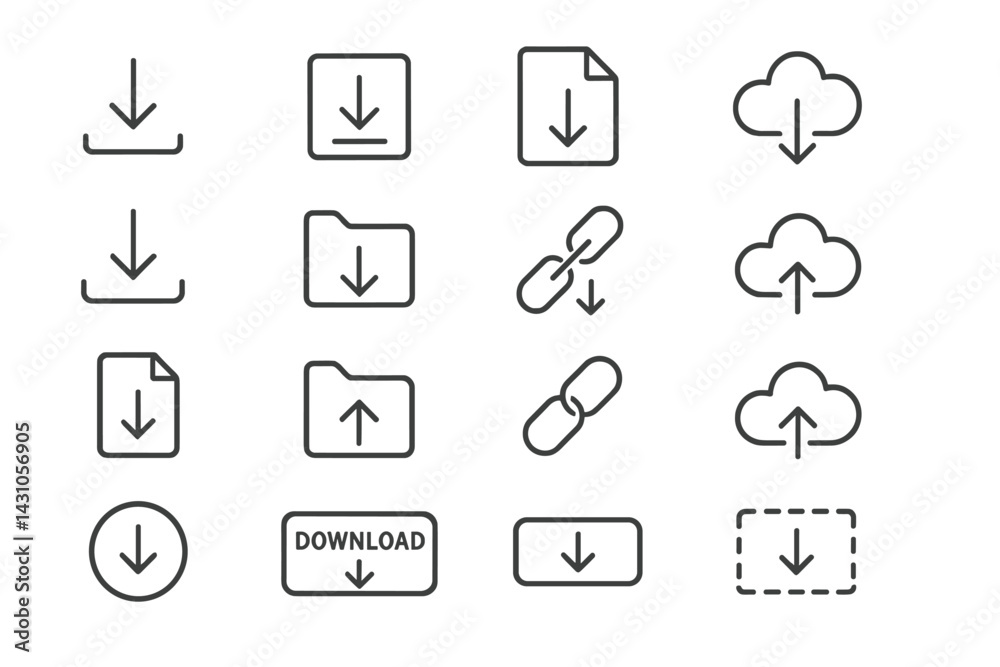 Poster collection of vector icons illustrating download and upload actions in a clean and modern design sty