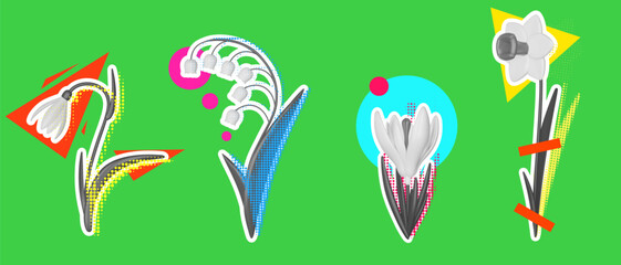 Abstract modern art collage composition with spring flower and decorative elements. Creative bright trendy concept illustration. Grunge vector background for botanical cover banner, poster, card.