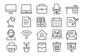Vector icon set showcasing various office items and activities for professional settings
