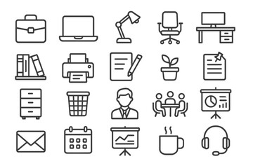 Icon set representing office items and activities for various professional environments in a clean vector style