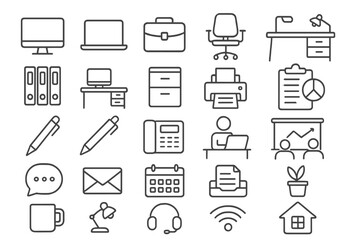 Vector icon set featuring office equipment, furniture, and tools for workspace design and communication