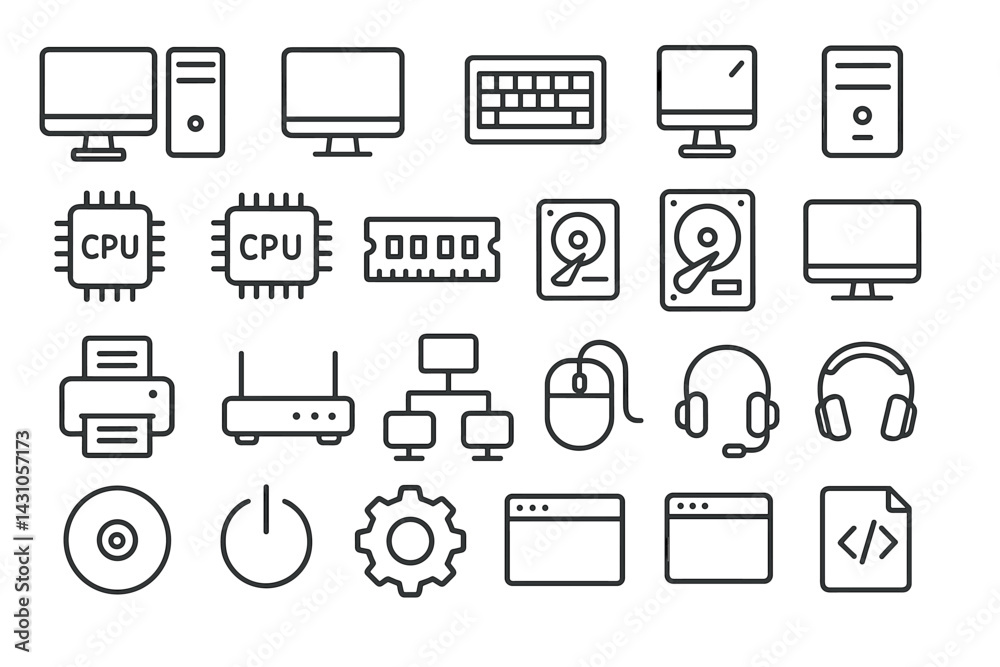Poster vector icon set featuring computer hardware and peripherals, illustrating essential technology compo