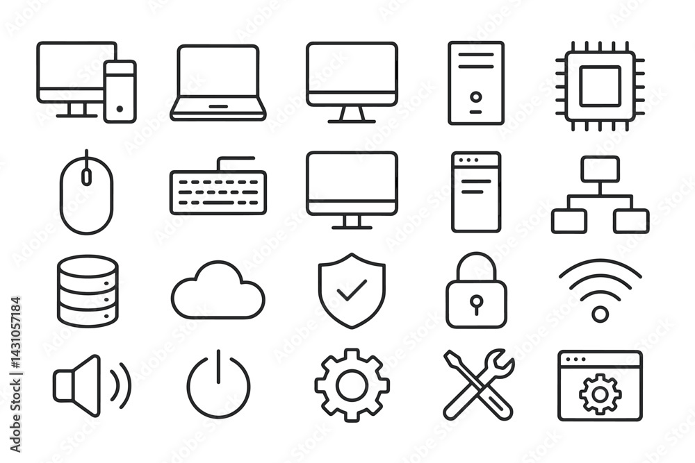 Poster comprehensive vector icon set featuring technology and computing symbols for digital applications
