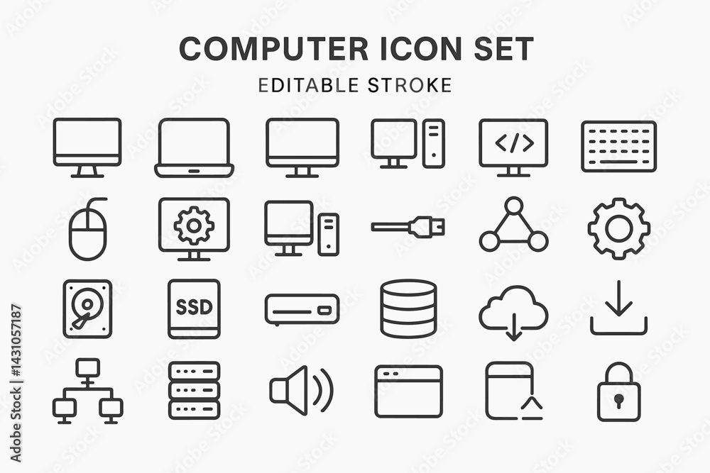 Poster vector icon set featuring various computer-related symbols for design and illustration use