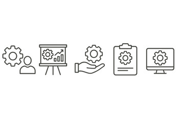 Vector icon set illustrating various aspects of business management and data analysis in a minimalist style