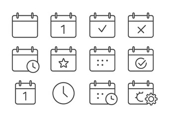 Vector icon set featuring calendar symbols for dates, events, and reminders in a minimalist style