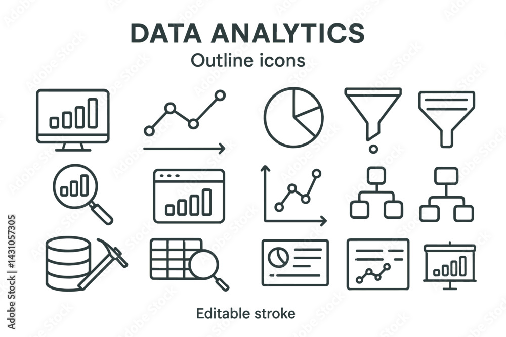 Poster vector icon set featuring data analytics symbols for visualizing and interpreting information effect