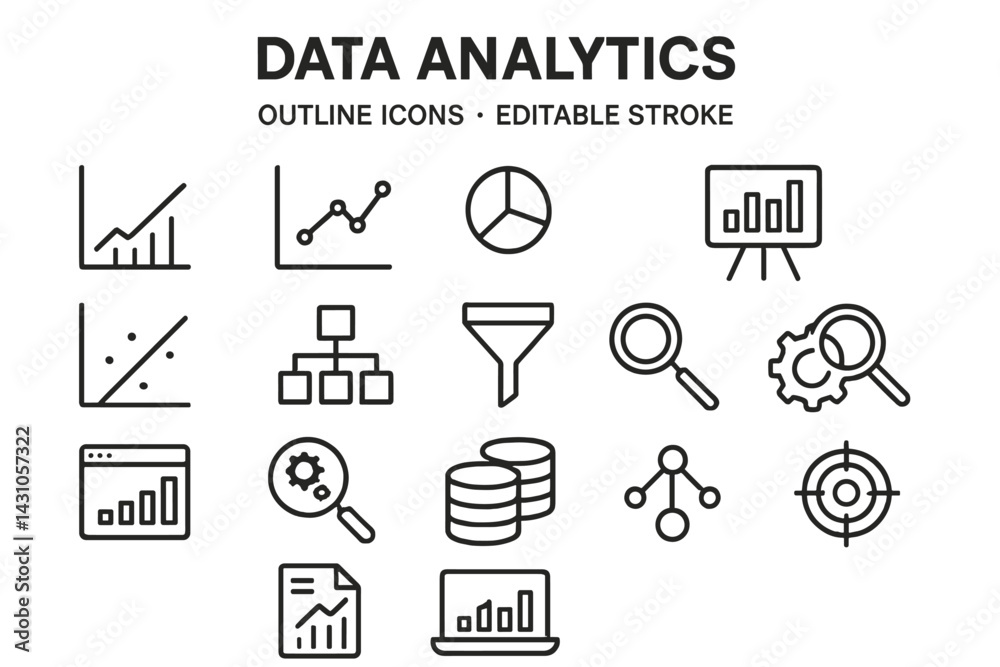 Poster data analytics vector icon set featuring various outline icons representing analysis tools and metri