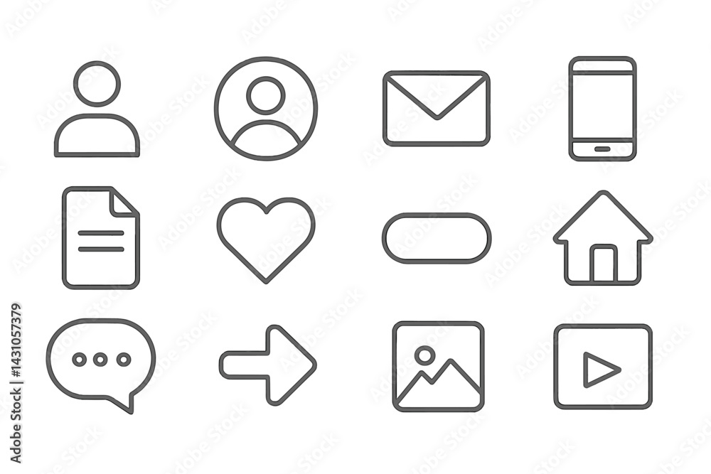 Poster vector icon set showcasing user profiles, messaging, and multimedia elements for digital application