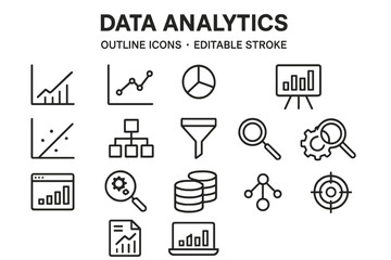 Fototapeta premium Data analytics vector icon set featuring various outline icons representing analysis tools and metrics visualization techniques