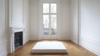 Fototapeta premium Minimal bedroom layout with white mattress, white walls, and natural light