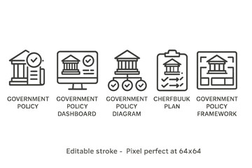 Vector icon set depicting government policy concepts with dashboard, diagram, and framework illustrations for clear communication
