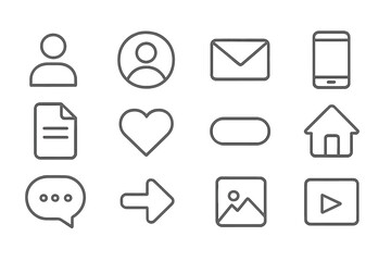 Vector icon set showcasing user profiles, messaging, and multimedia elements for digital applications and interfaces
